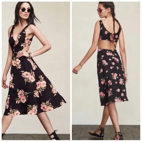 Reformation Dresses & Skirts - Reformation Womens Dark Floral Back Cutout Midi Dress Size 4 Romantic Cottage